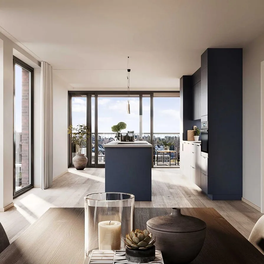 Lyst og moderne kjøkken med mørk kjøkkenøy, store vinduer og utsikt over byen.