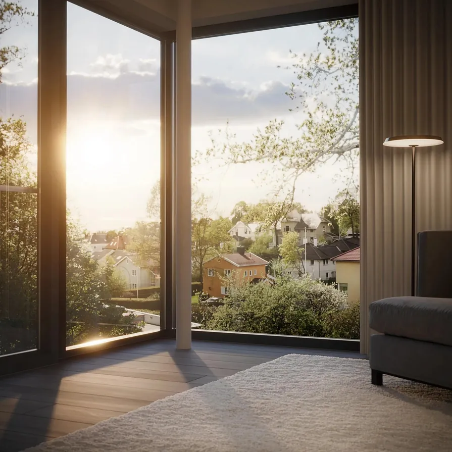 Hjørnevindu med utsikt over nabolag i kveldssol, gardiner og gulvlampe gir lun stemning.