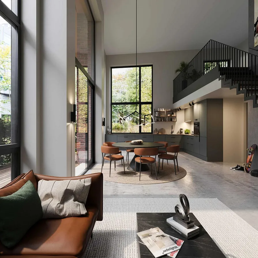 Stue og kjøkken med åpen himling, store vinduer og varme fargetoner i møbler og detaljer.