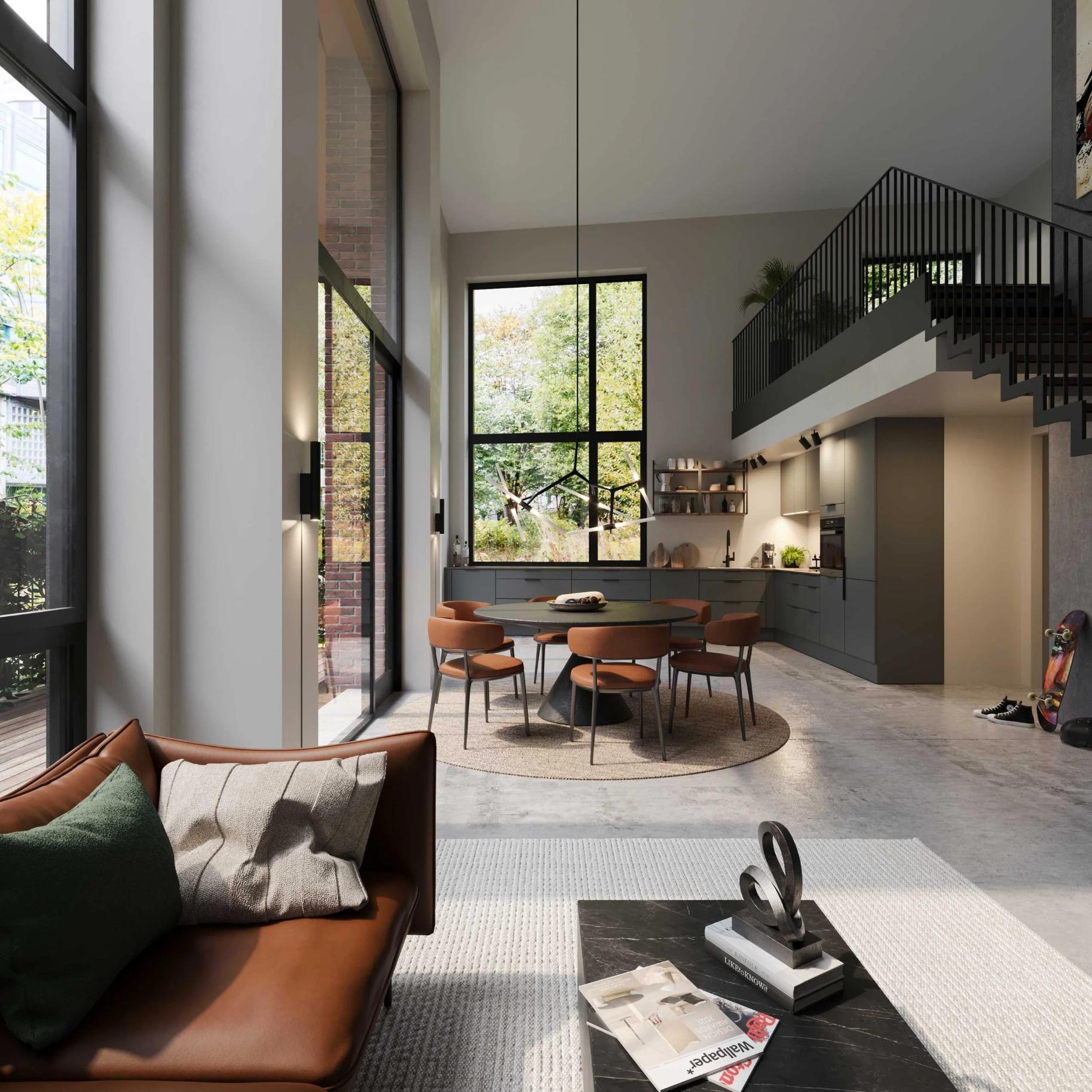 Stue og kjøkken med åpen himling, store vinduer og varme fargetoner i møbler og detaljer.